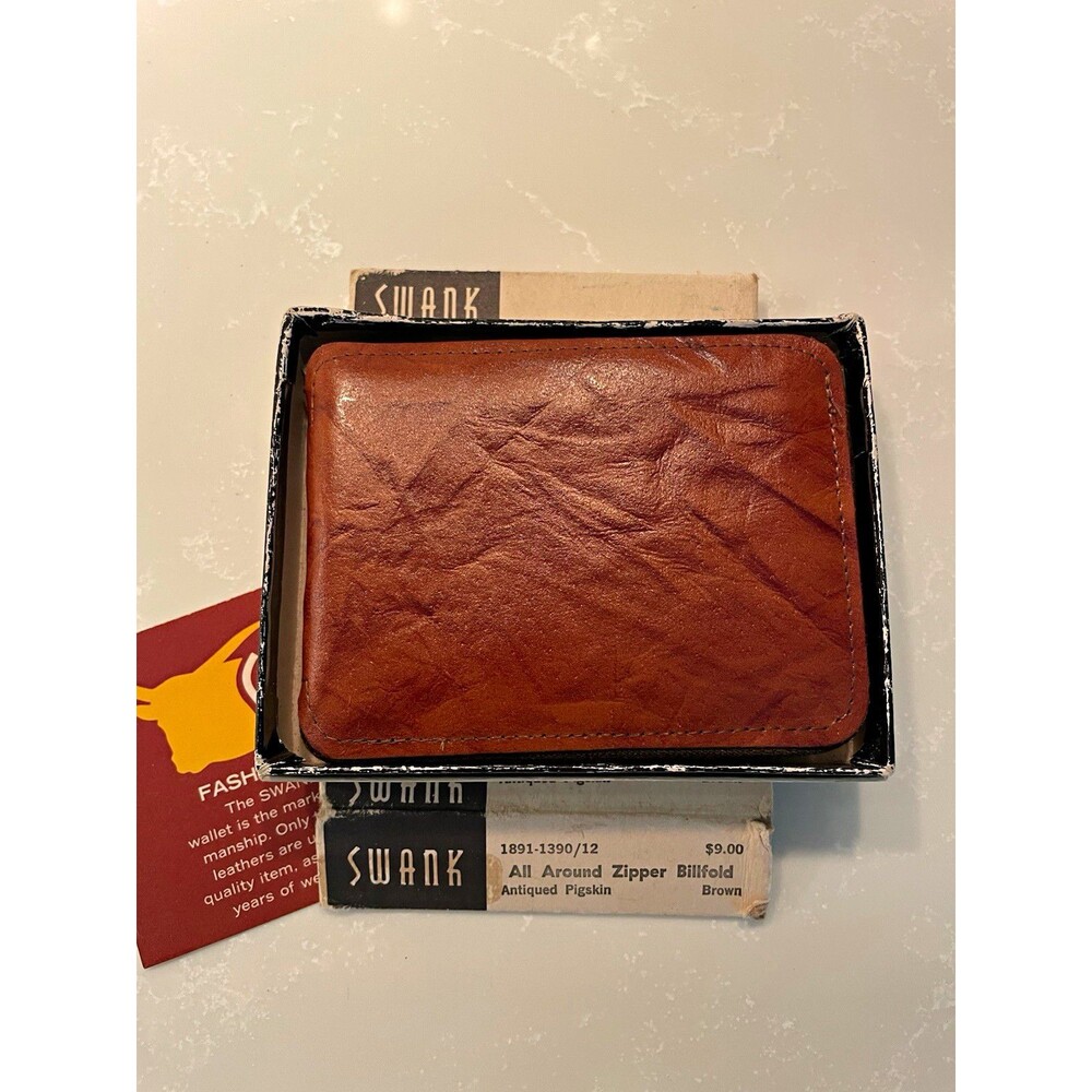 Swank Vintage Antiqued Pigskin Brown Leather All Around Zipper Billfold Wallet
